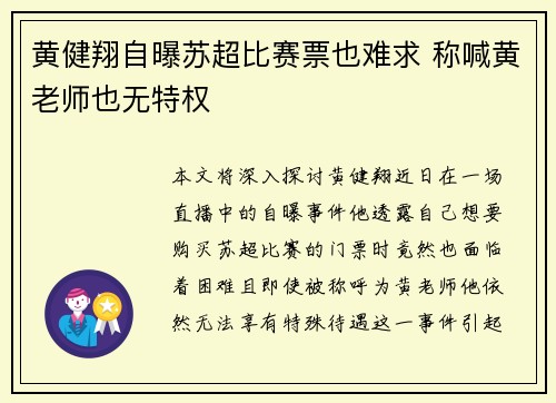 黄健翔自曝苏超比赛票也难求 称喊黄老师也无特权