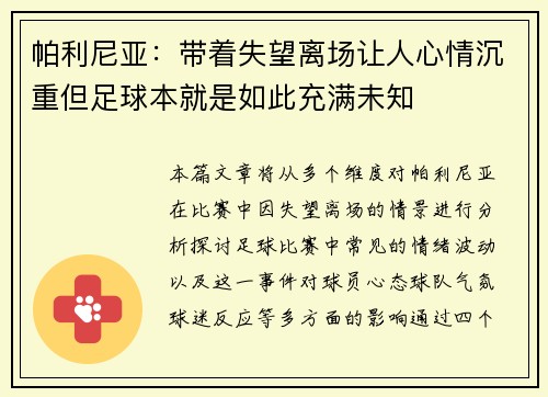 帕利尼亚：带着失望离场让人心情沉重但足球本就是如此充满未知